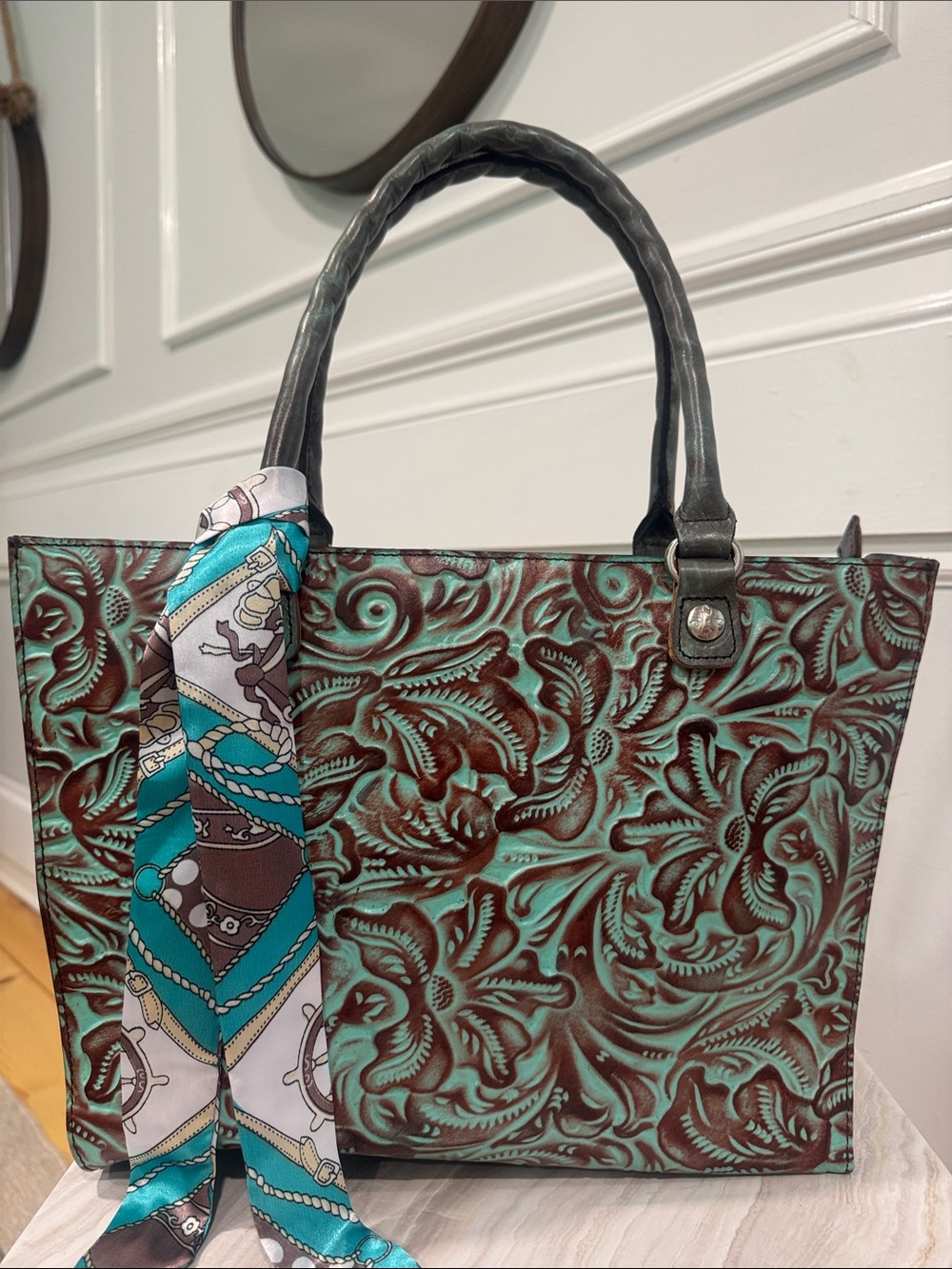 Patricia Nash Bag Vintage Tooled Turquoise and Brown Embossed Tote - Picture 3 of 17